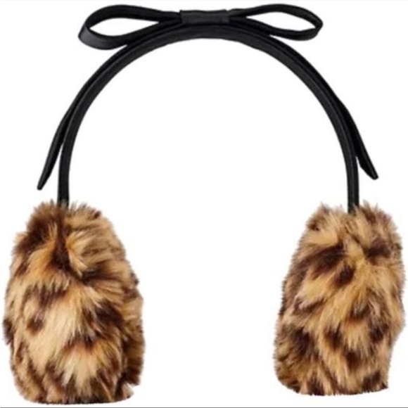 KATE SPADE Black Satin Bow Leopard Faux Fur Ear Muffs NEW - Picture 3 of 6